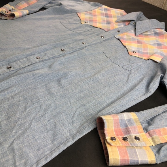 Vintage 70s 80s Lee Western Made in USA Chambray Pearl Snap VTG Shirt Size Large - Picture 2 of 10